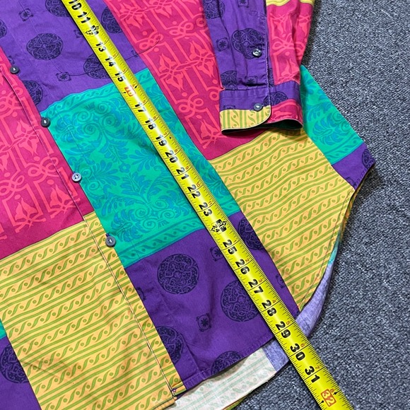 Vintage Perry Ellis Shirt Large Multicolor Patchwork Design Grandad Collar 90s - Picture 5 of 9